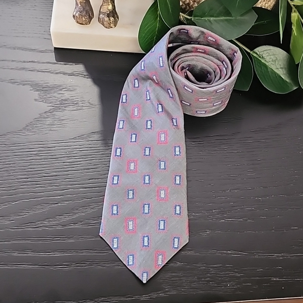 YSL VINTAGE 80s YVES SAINT LAURENT Mens Silk Tie Suit Gray Geometric Retro - Picture 12 of 13